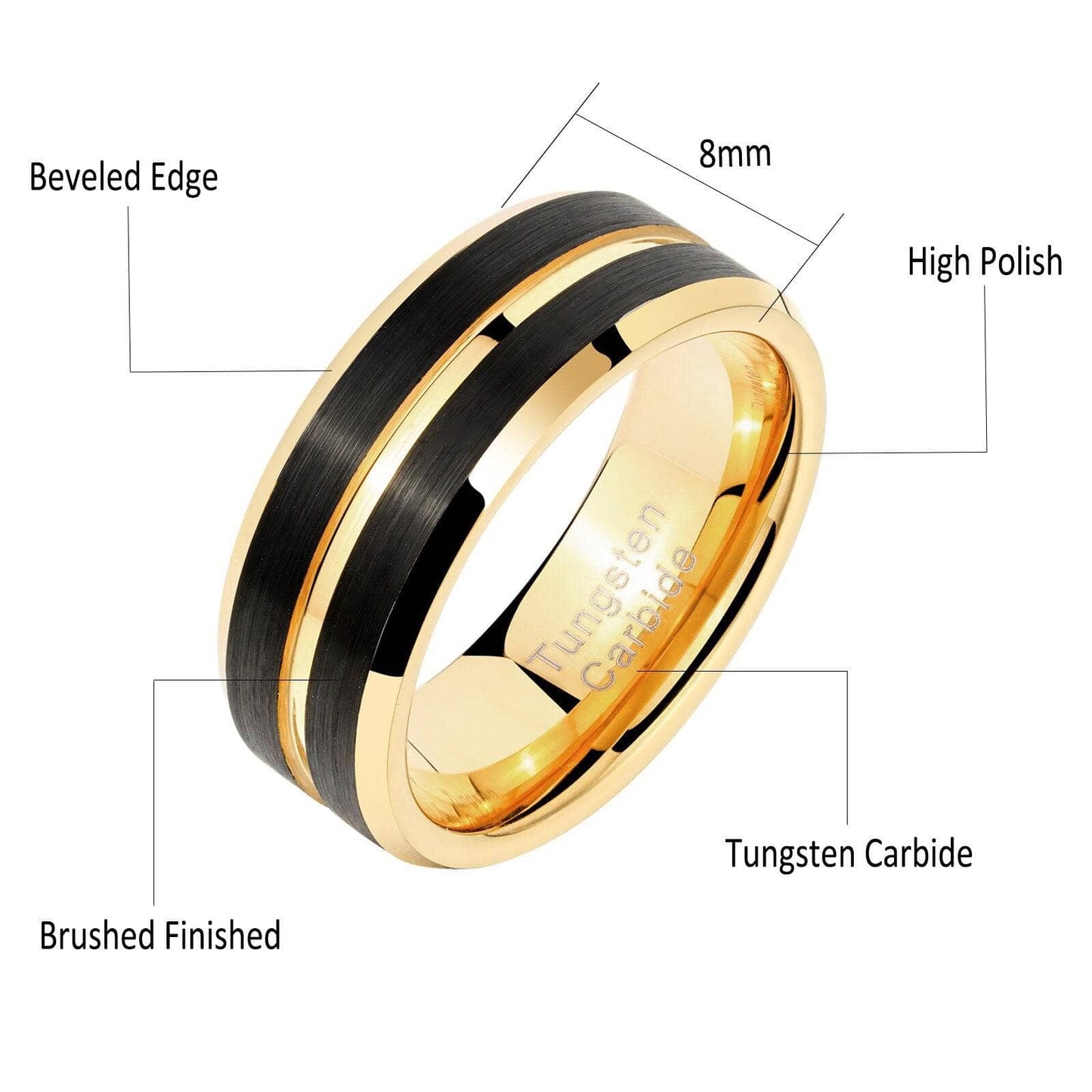 Tungsten Carbide Rings For Men Black and Gold Ring 8mm Wedding Band