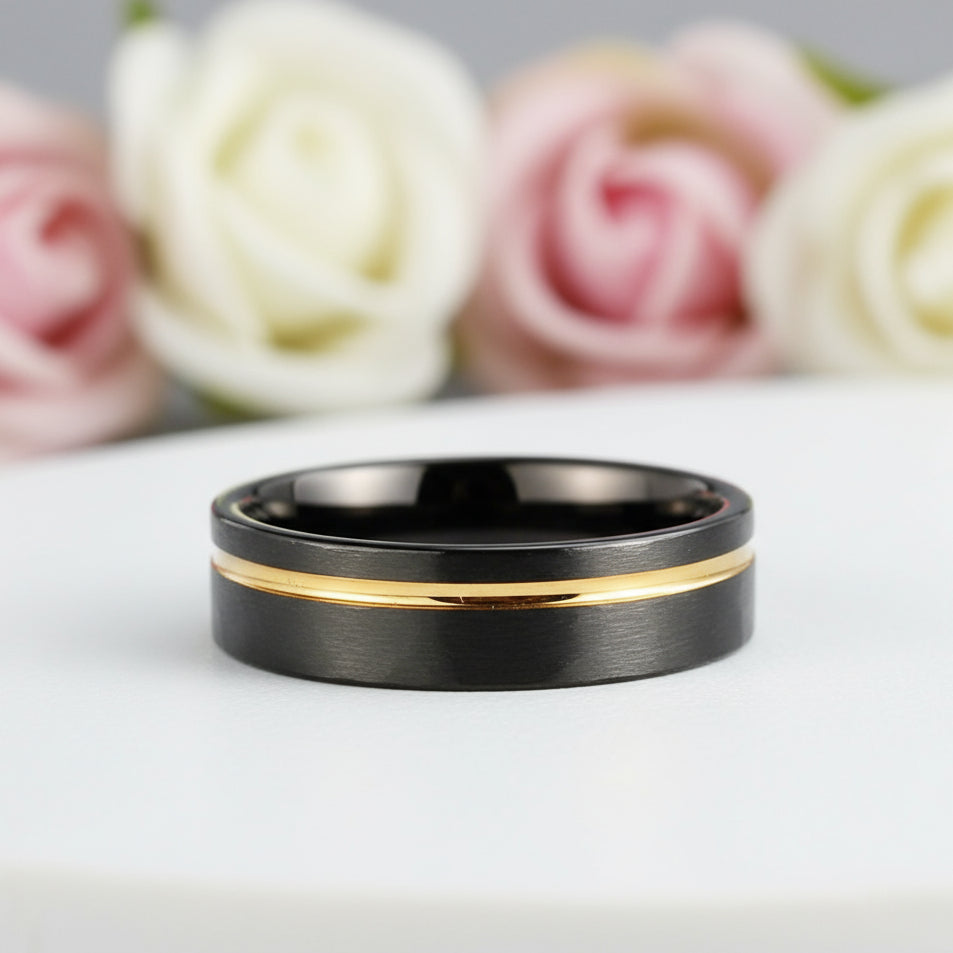 Tungsten Carbide Wedding Ring in Two-Tone Brushed Black & Rose Gold-Black Diamonds New York