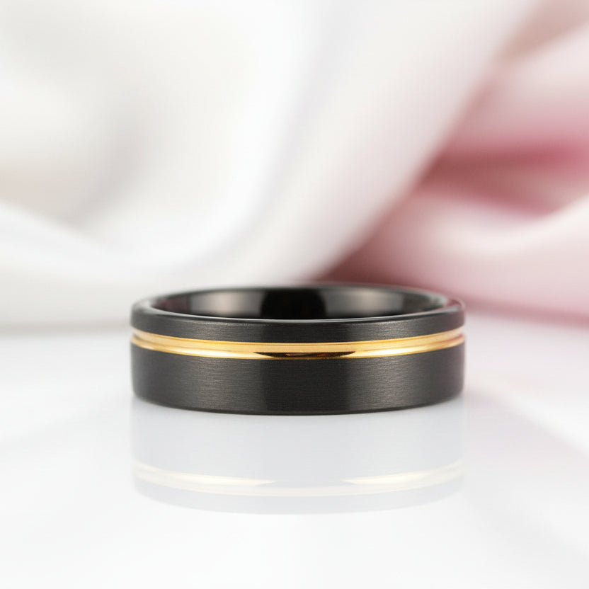 Tungsten Carbide Wedding Ring in Two-Tone Brushed Black & Rose Gold-Black Diamonds New York