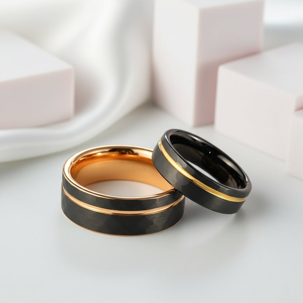 Tungsten Carbide Wedding Ring in Two-Tone Brushed Black & Rose Gold-Black Diamonds New York