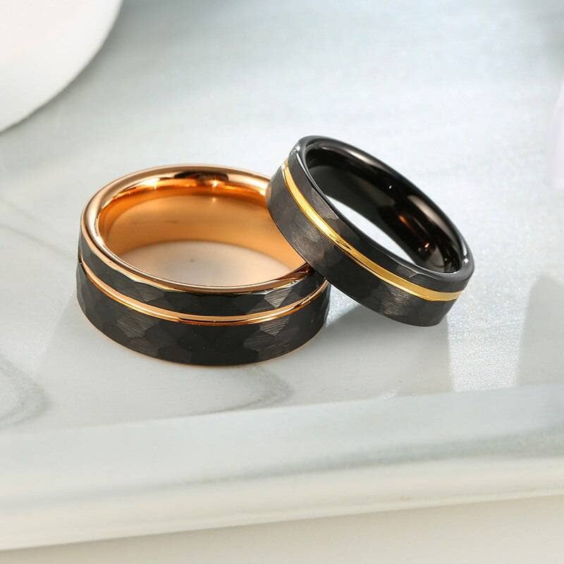 Tungsten Carbide Wedding Ring in Two-Tone Brushed Black & Rose Gold-Black Diamonds New York