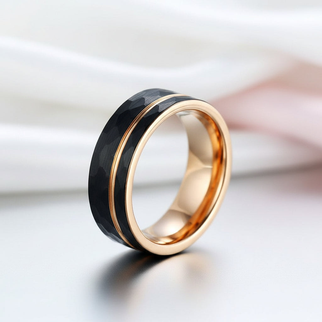 Tungsten Carbide Wedding Ring in Two-Tone Brushed Black & Rose Gold-Black Diamonds New York