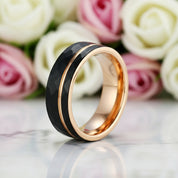 Tungsten Carbide Wedding Ring in Two-Tone Brushed Black & Rose Gold-Black Diamonds New York