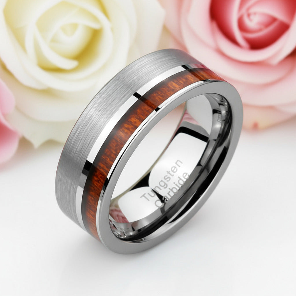 Tungsten Carbide Wood Color Brushed Ring-Black Diamonds New York