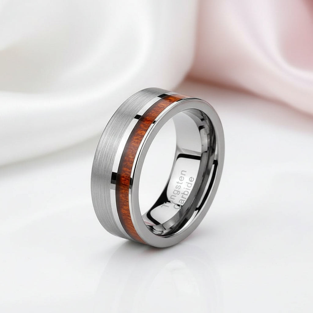 Tungsten Carbide Wood Color Brushed Ring-Black Diamonds New York