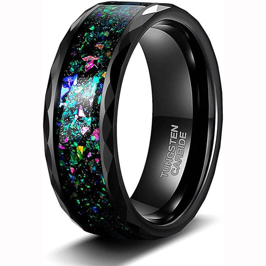 Tungsten Wedding Band with Multi-Colors Opal Inlay-Black Diamonds New York