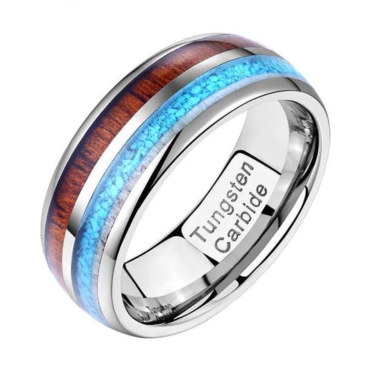 Tungsten Wood Blue Silver 8mm Carbide Ring Band