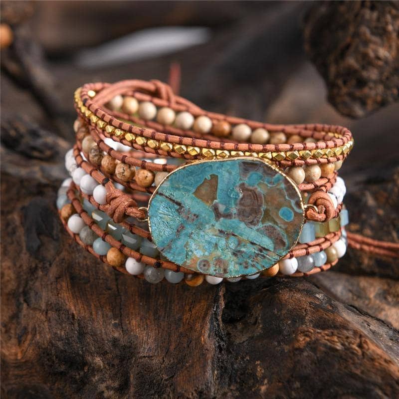 Turquoise & Mixed Natural Stone Boho Bracelet with Wrap Around Leather - Black Diamonds New York