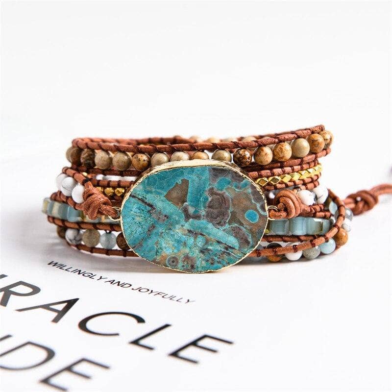 Turquoise & Mixed Natural Stone Boho Bracelet with Wrap Around Leather - Black Diamonds New York