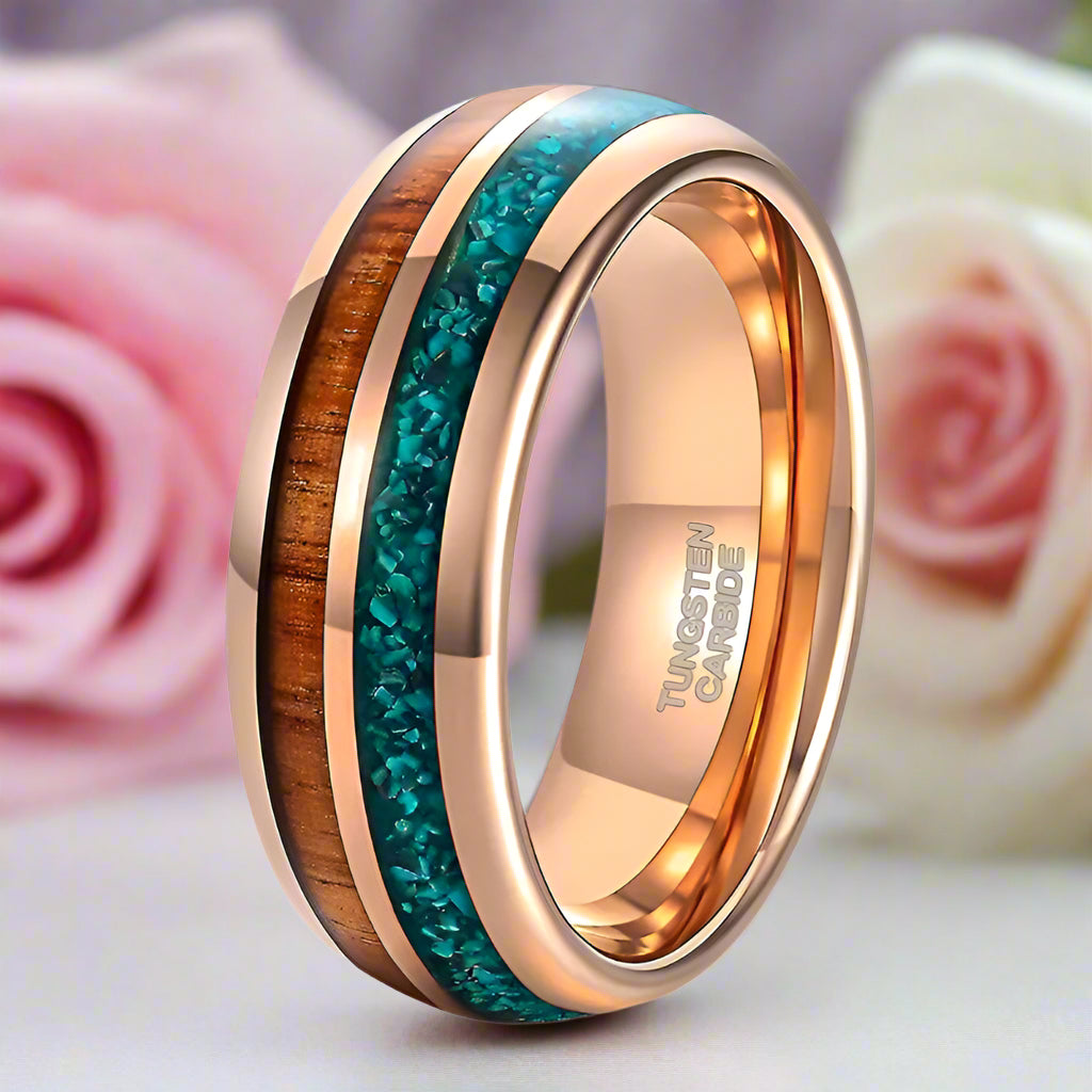Turquoise & Wood Beveled Men's Tungsten Carbide Wedding Band-Black Diamonds New York