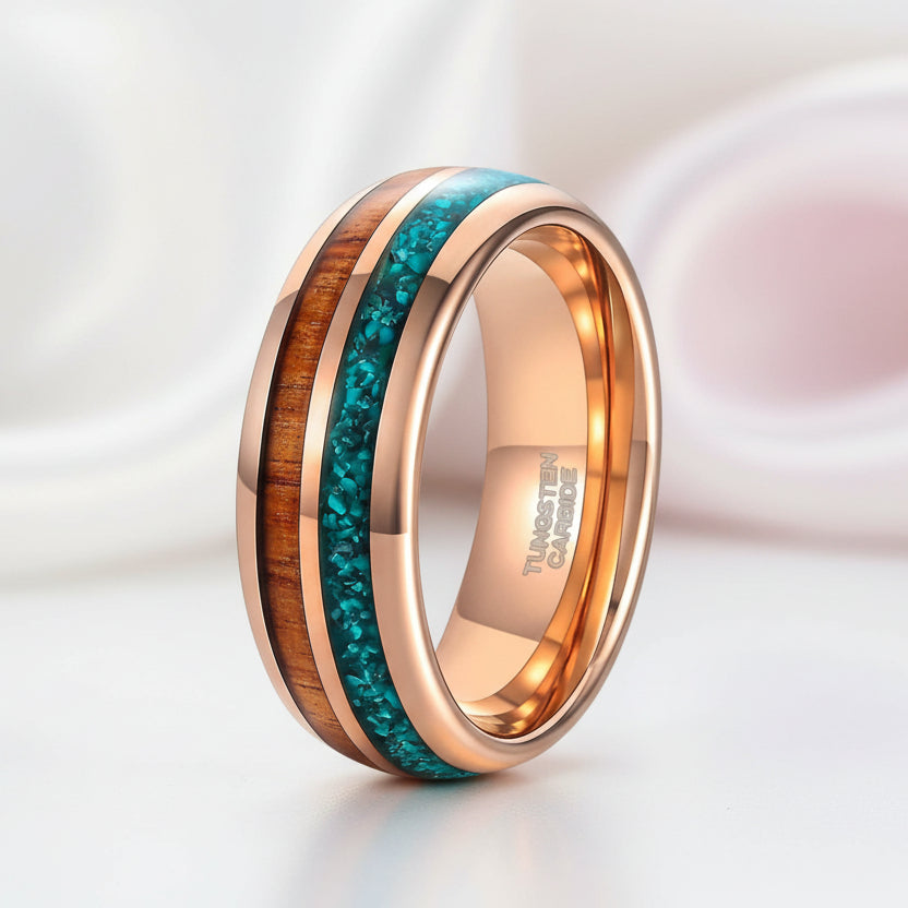 Turquoise & Wood Beveled Men's Tungsten Carbide Wedding Band-Black Diamonds New York