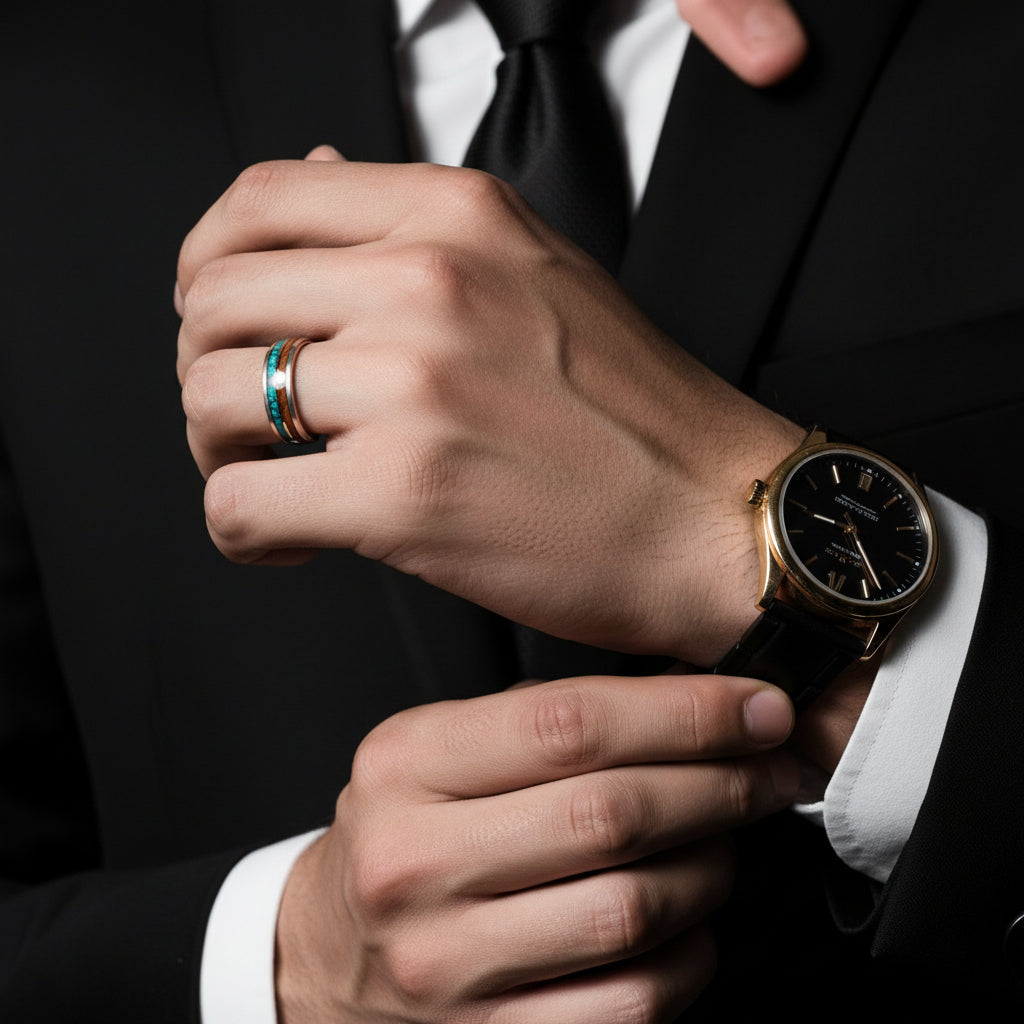 Turquoise & Wood Beveled Men's Tungsten Carbide Wedding Band-Black Diamonds New York