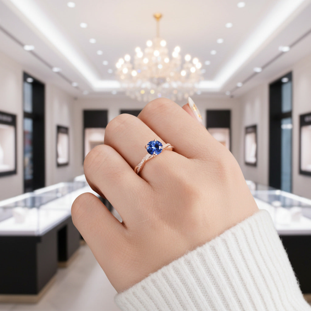 Twist 1.25 Carat Blue Sapphire Round Cut Promise Ring-Black Diamonds New York