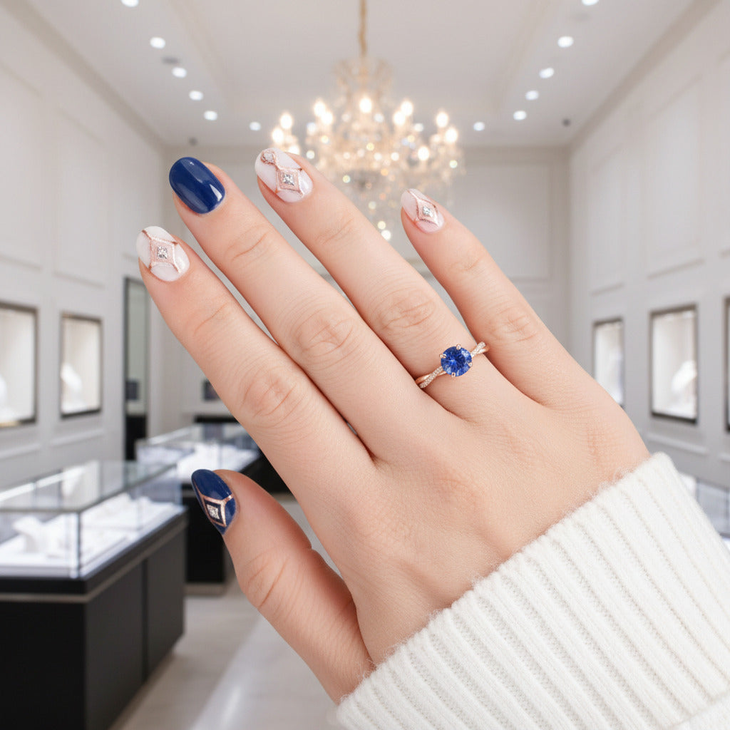 Twist 1.25 Carat Blue Sapphire Round Cut Promise Ring-Black Diamonds New York