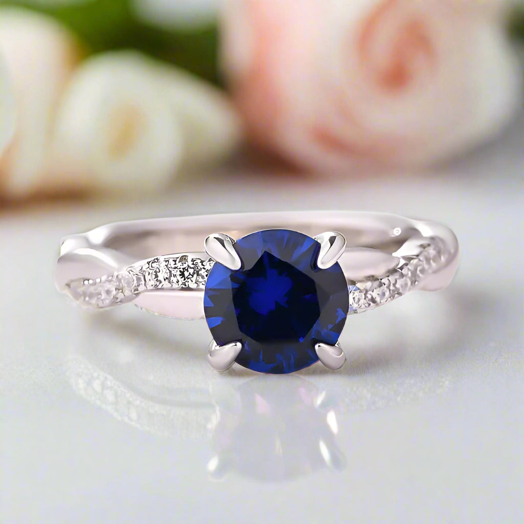 Twist 1.25 Carat Blue Sapphire Round Cut Promise Ring-Black Diamonds New York