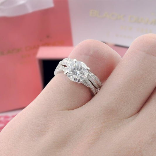 Twist Band 14K White Gold 2CT 8mm Moissanite Engagement Ring Set-Black Diamonds New York