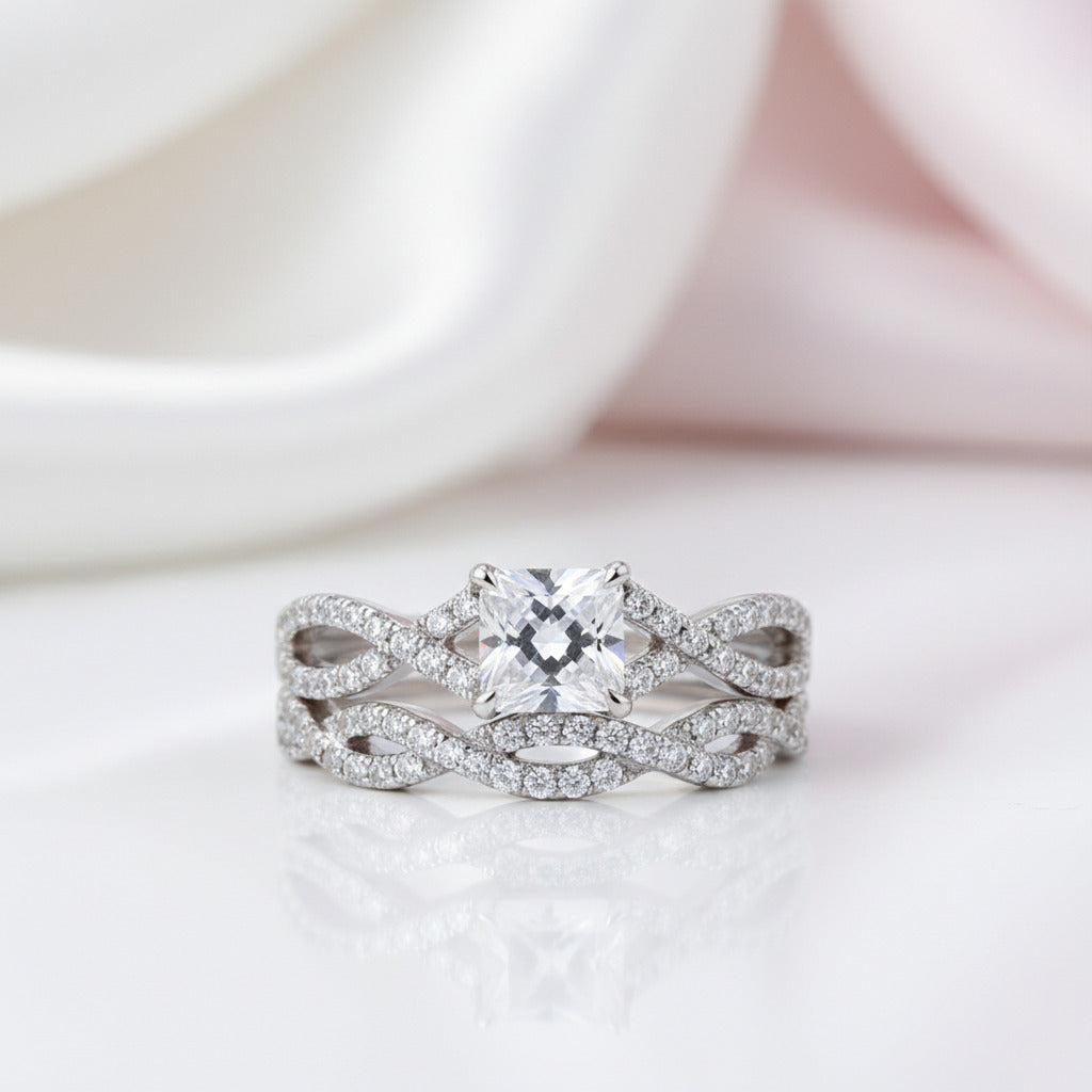 Twist Band Princess Cut Diamond Option Ring Set-Black Diamonds New York