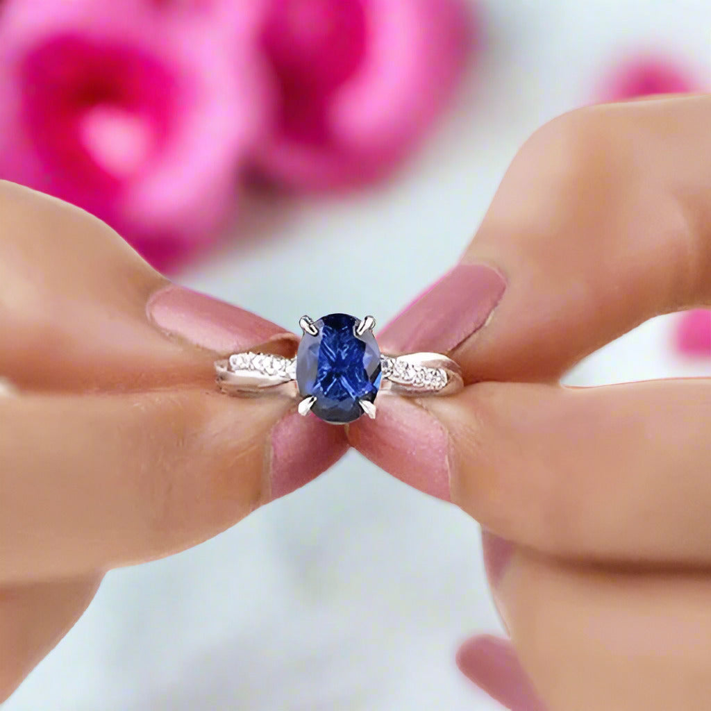 Twist Blue Sapphire Oval Cut Simulated Diamond Engagement Ring
