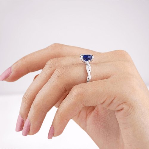 Twist Blue Sapphire Oval Cut Simulated Diamond Engagement Ring-Black Diamonds New York