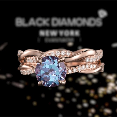Twist Rose Gold Round Cut Alexandrite Wedding Set - Black Diamonds New York