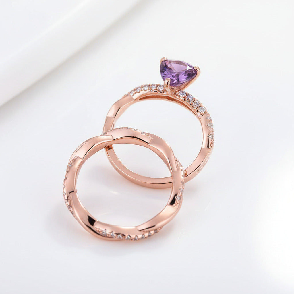 Twist Rose Gold Round Cut Purple Amethyst Wedding Set-Black Diamonds New York