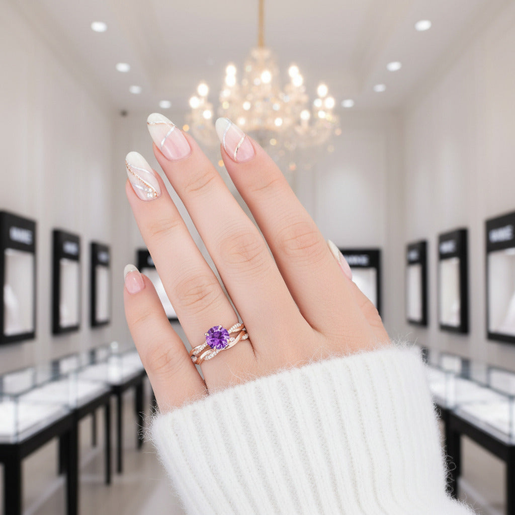Twist Rose Gold Round Cut Purple Amethyst Wedding Set-Black Diamonds New York