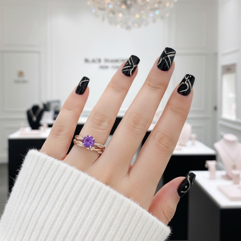 Twist Rose Gold Round Cut Purple Amethyst Wedding Set-Black Diamonds New York