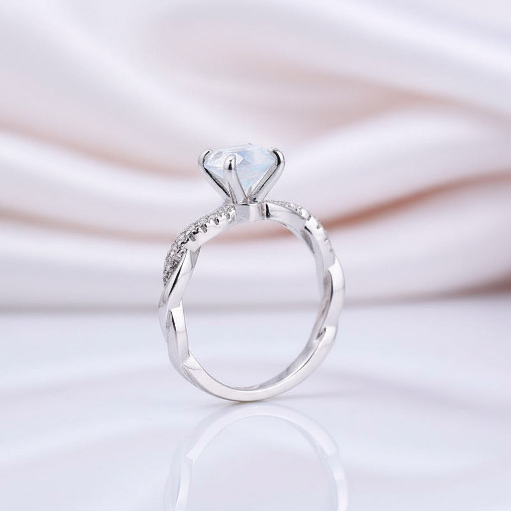 Twist Round Cut Moonstone Engagement Ring-Black Diamonds New York