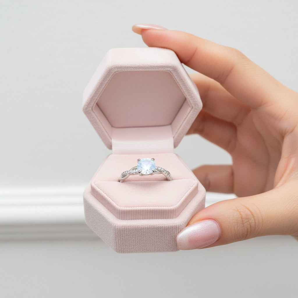 Twist Round Cut Moonstone Engagement Ring-Black Diamonds New York