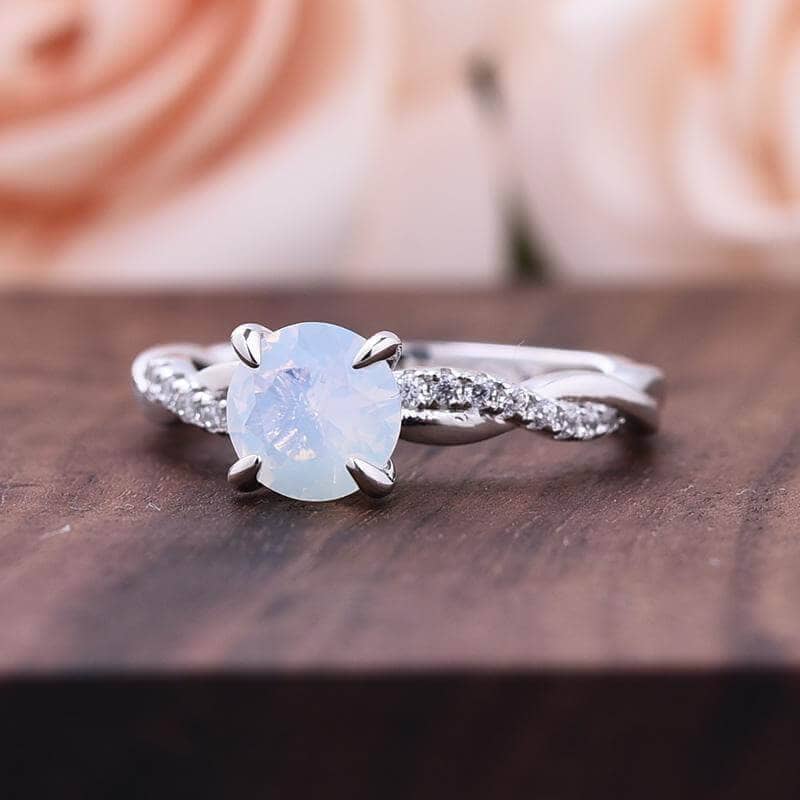 Moonstone & Diamond Round Engagement Ring, 3/4 Eternity, Infinity, Twisted  Custom, Wedding, Anniversary Gift, Commitment,Proposal