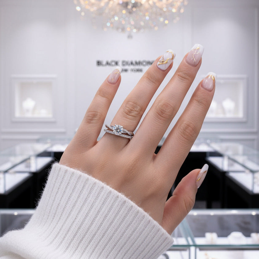 Twist White1.0ct Round Cut Wedding Set-Black Diamonds New York