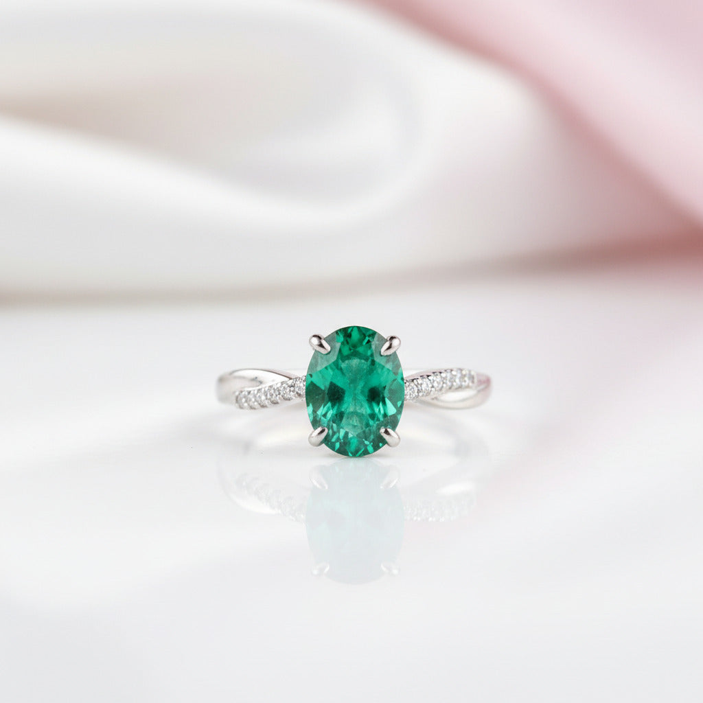 Twist Yellow Gold Emerald Green Oval Cut Engagement Ring-Black Diamonds New York