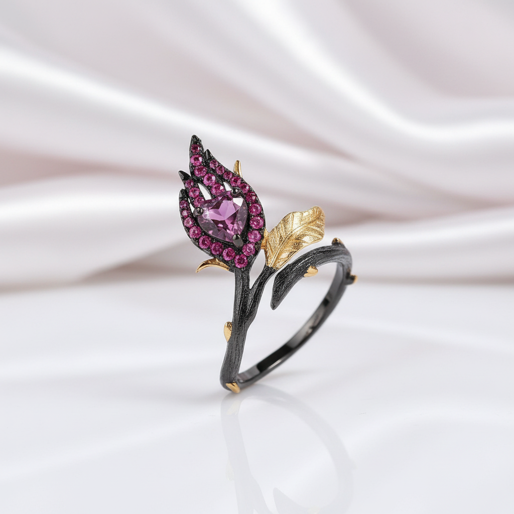 Two Tone Burning Heart Amethyst Ring-Black Diamonds New York