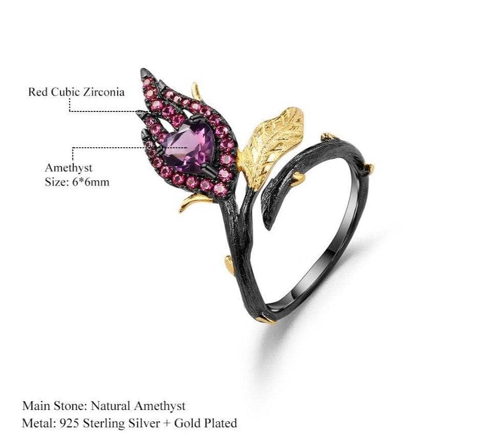 Two Tone Burning Heart Natural Amethyst Ring