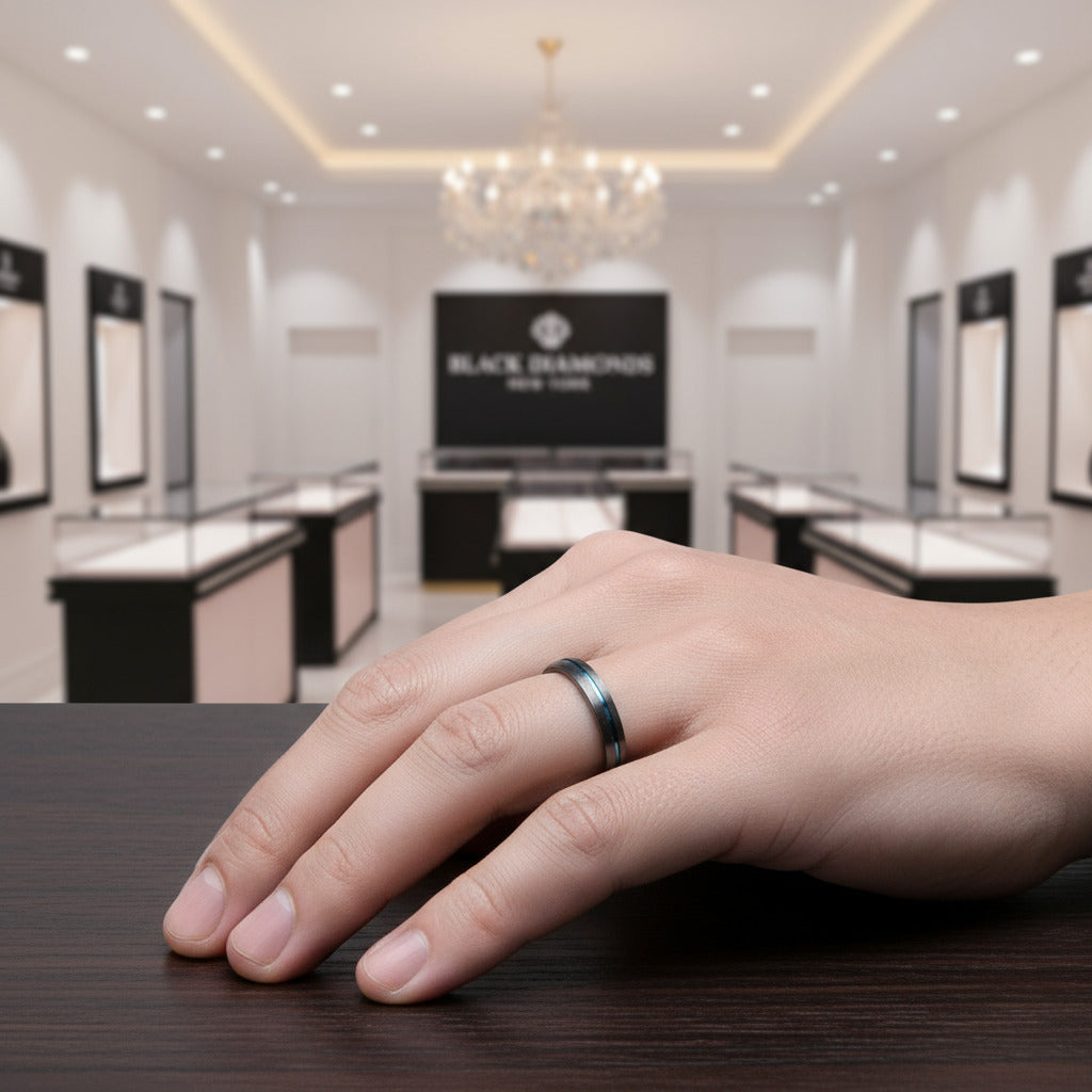 Two-Tone Groove Tungsten Men's Wedding Band-Black Diamonds New York