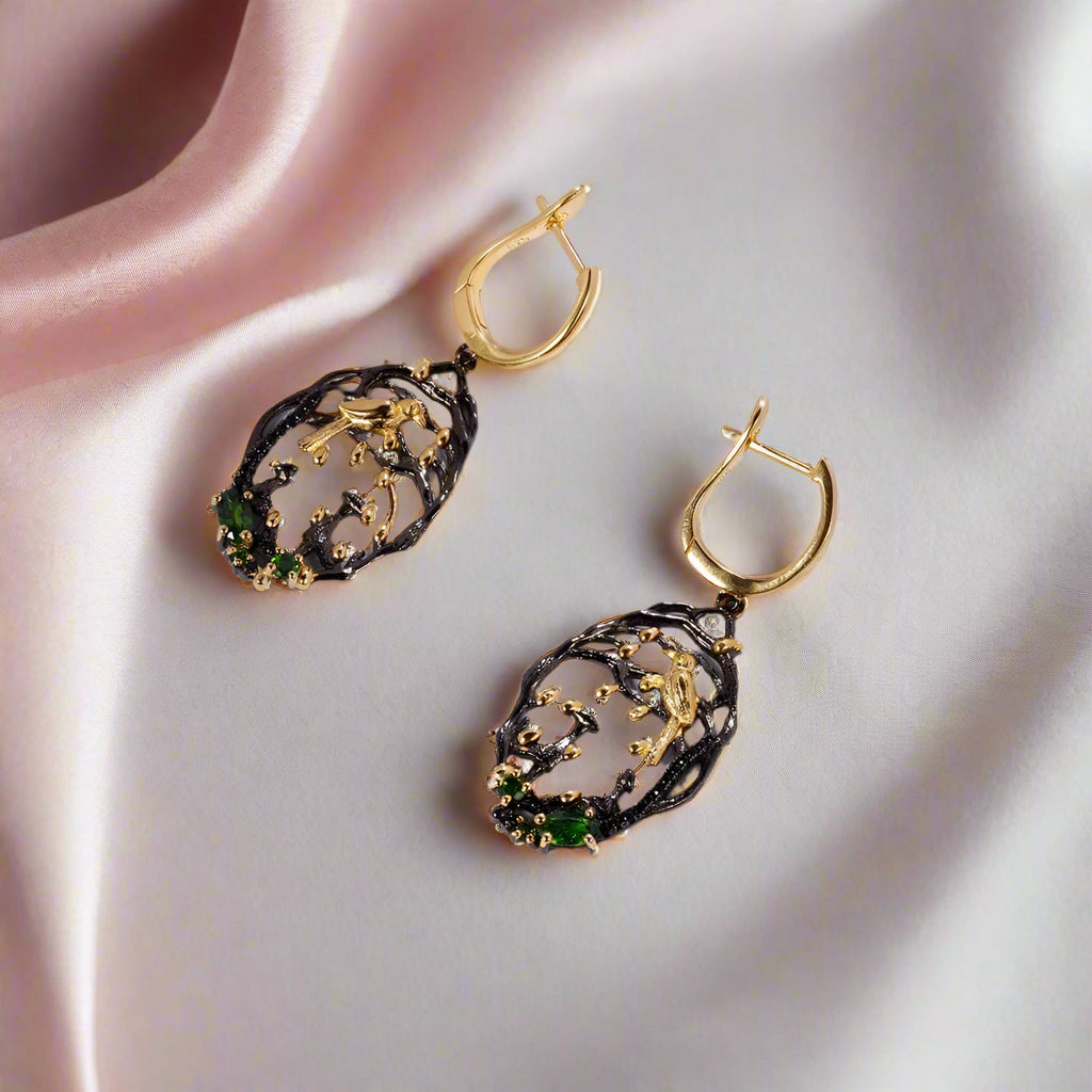 Two-tone Handmade Bird Bud Tree Natural Chrome Diopside Earrings-Black Diamonds New York