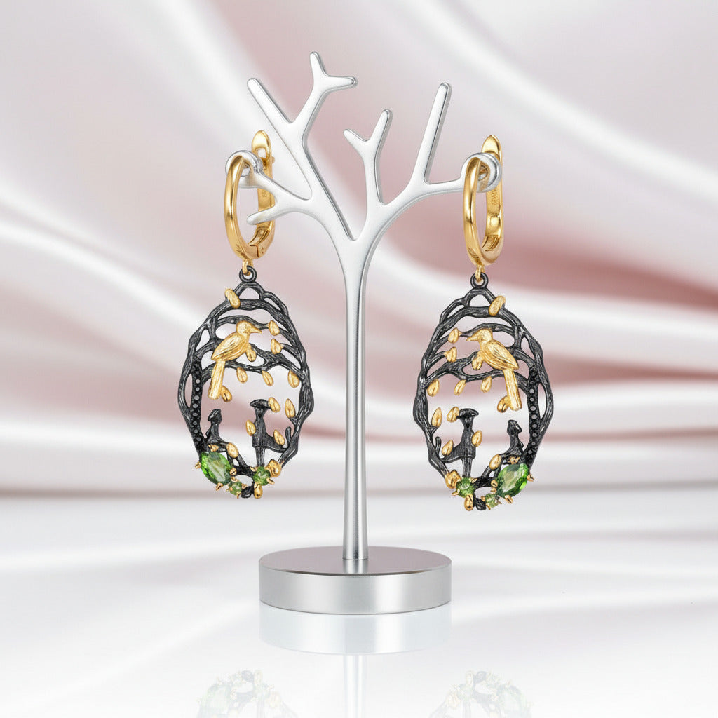 Two-tone Handmade Bird Bud Tree Chrome Diopside Earrings-Black Diamonds New York