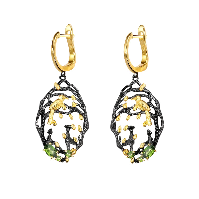 Two-tone Handmade Bird Bud Tree Natural Chrome Diopside Earrings-Black Diamonds New York