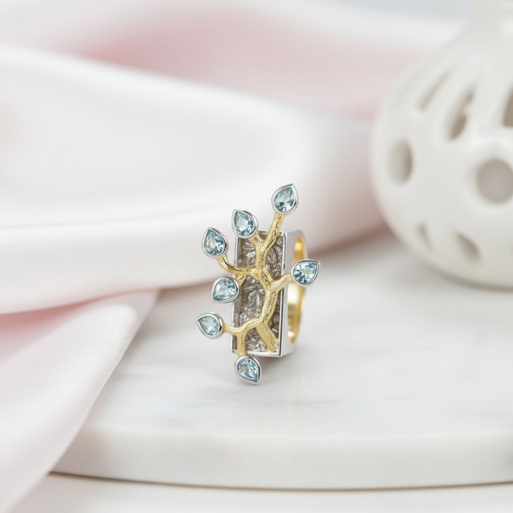 Two Tone Madagascar Forest Swiss Blue Topaz Ring-Black Diamonds New York