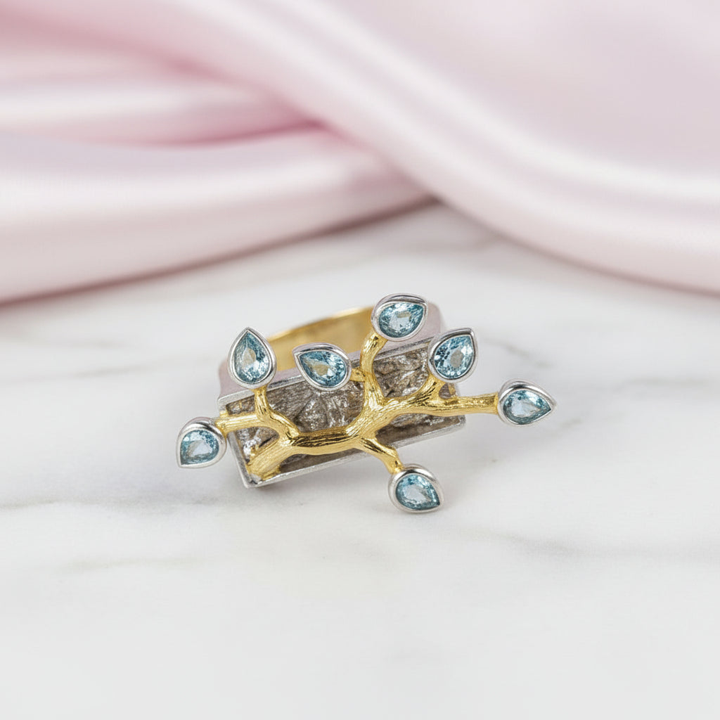 Two Tone Madagascar Forest Swiss Blue Topaz Ring-Black Diamonds New York