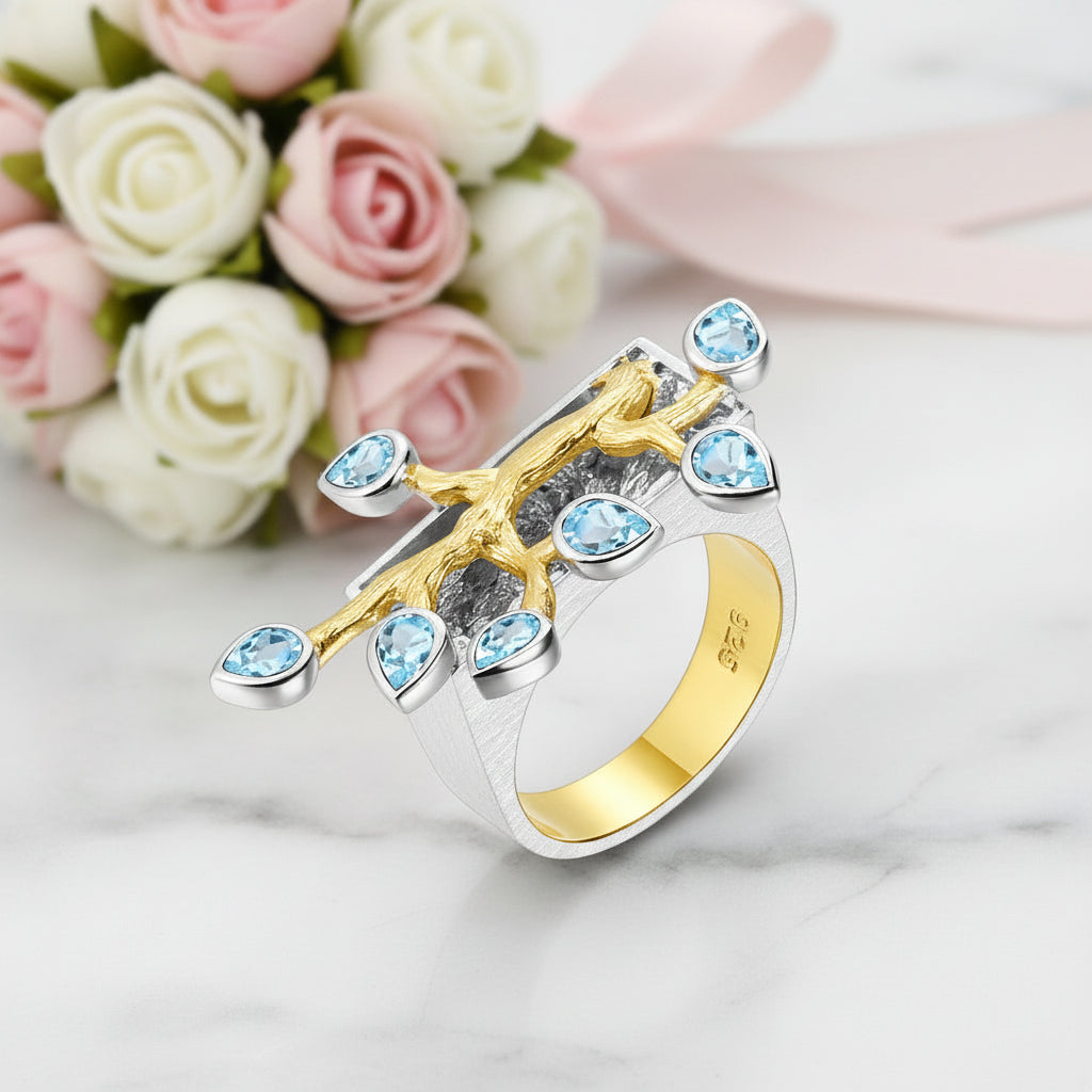 Two Tone Madagascar Forest Swiss Blue Topaz Ring-Black Diamonds New York