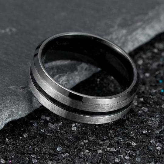 Two Tone Stainless Steel Brushed Plating Men's Wedding Band-Black Diamonds New York