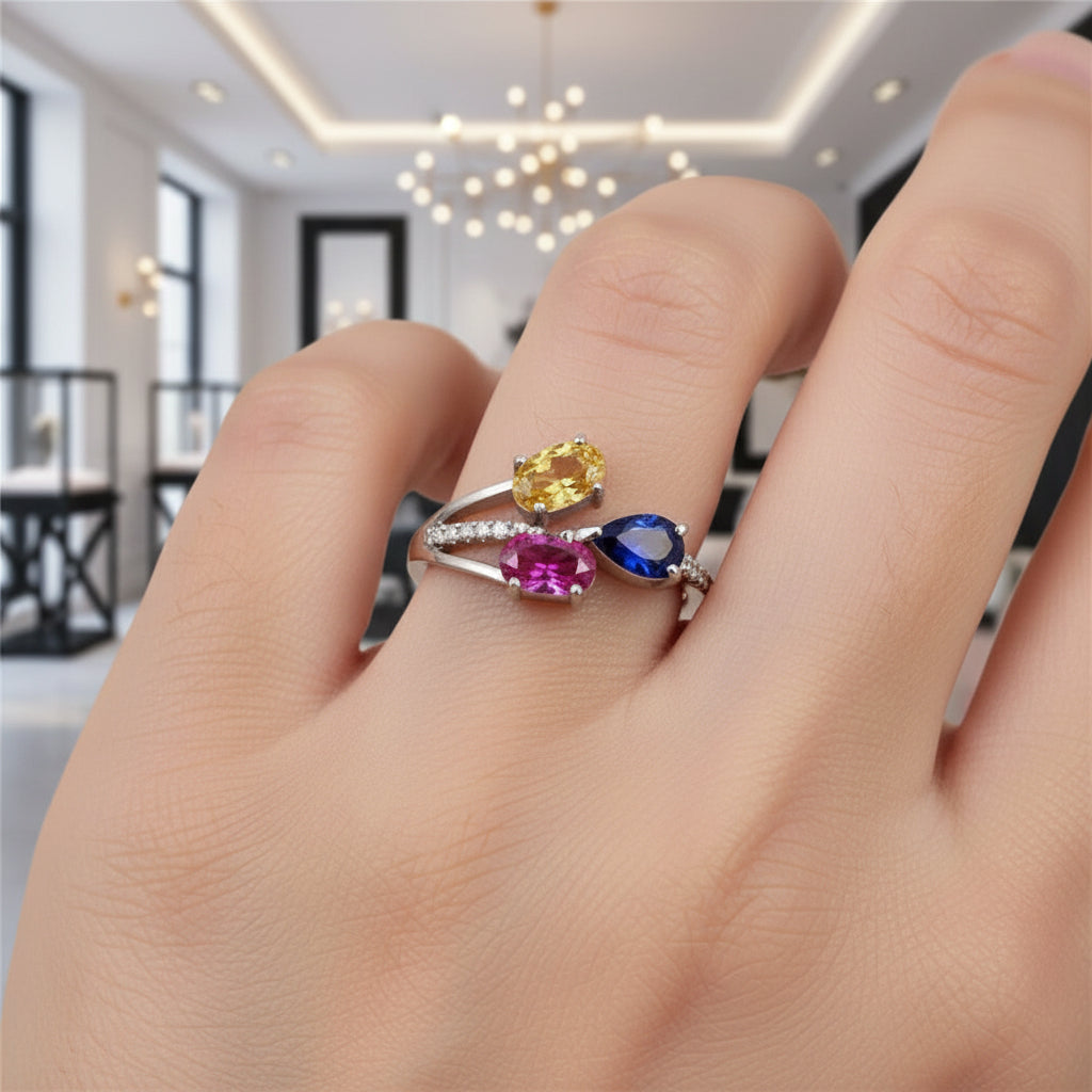 Unique Design Rhinestone Citrine Sapphire Topaz Ring-Black Diamonds New York