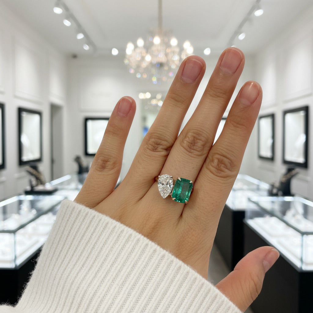 Unique Double Stone Design Radiant & Pear Cut Engagement Ring-Black Diamonds New York