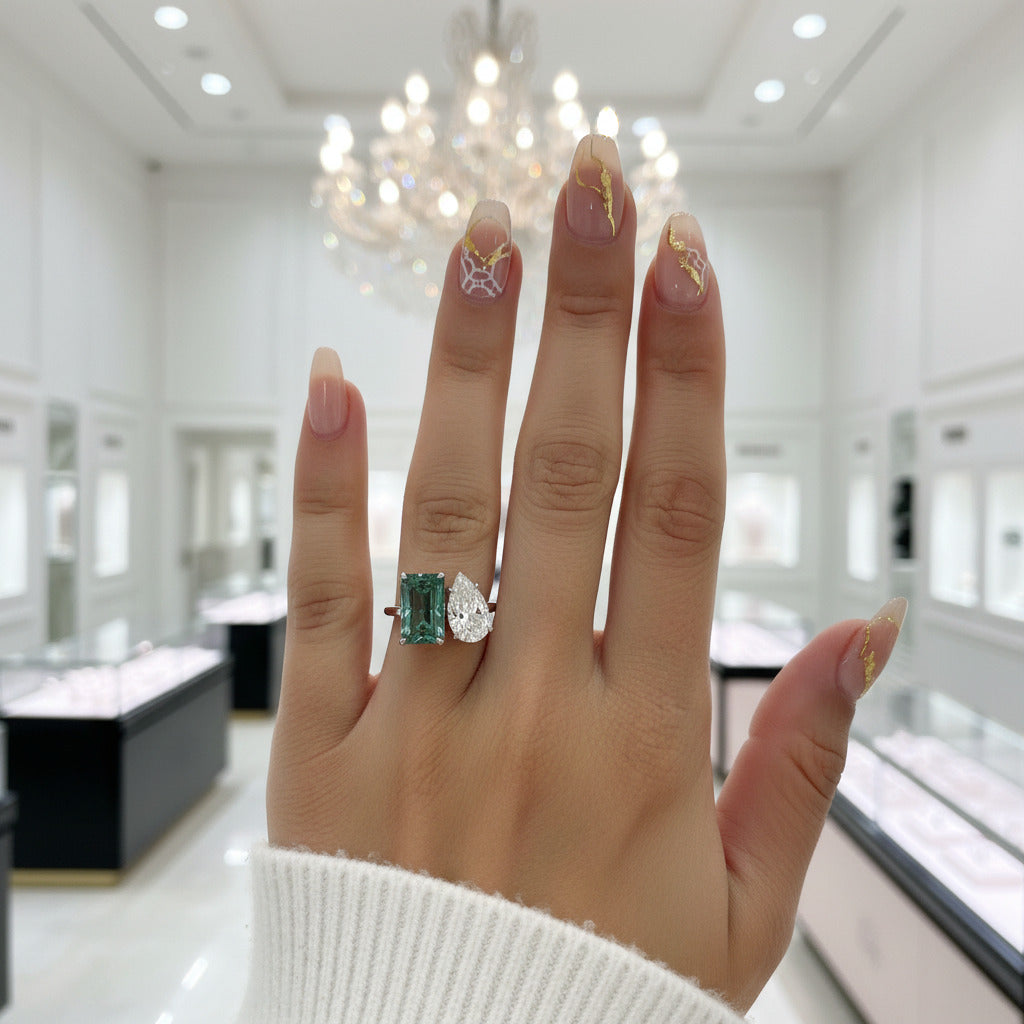 Unique Double Stone Design Radiant & Pear Cut Engagement Ring-Black Diamonds New York