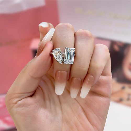 Unique Emerald Cut & Pear Cut Double Stone Engagement Ring-Black Diamonds New York