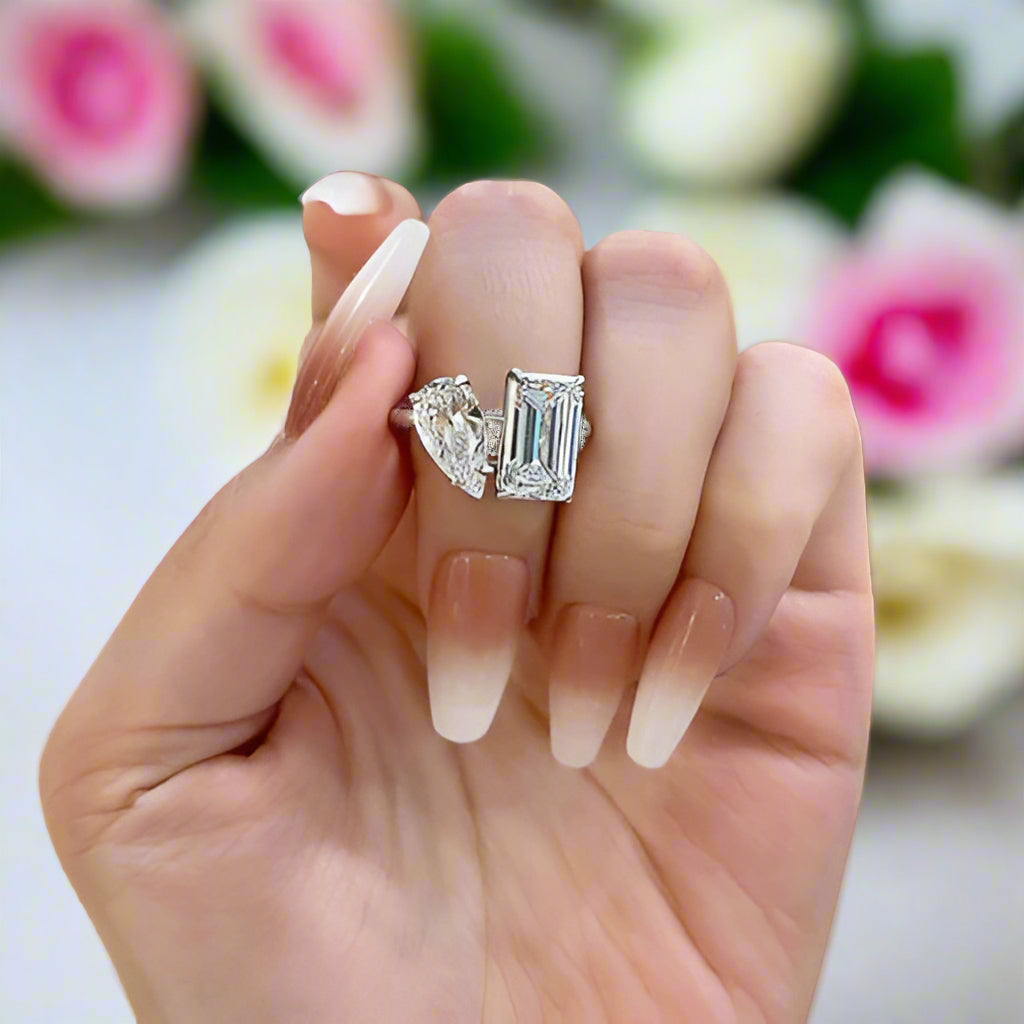 Unique Emerald Cut Pear Cut Double Stone Engagement Ring