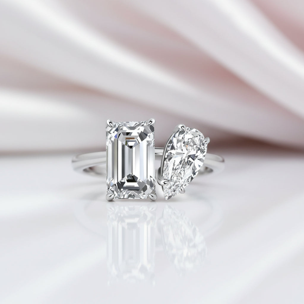 Unique Emerald Cut & Pear Cut Double Stone Engagement Ring-Black Diamonds New York