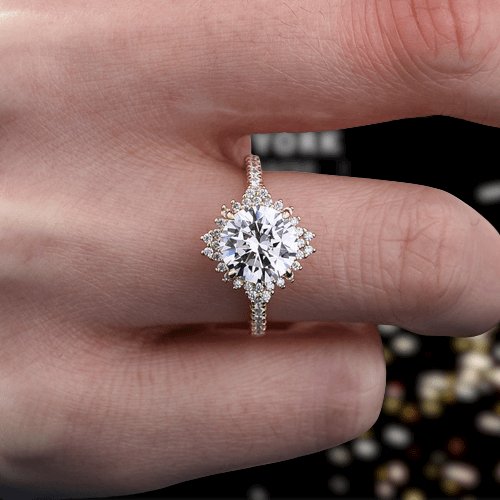 Unique Flower Halo Design Round Cut Yellow Gold Engagement Ring-Black Diamonds New York