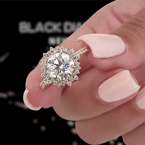 Unique Flower Halo Design Round Cut Yellow Gold Engagement Ring - Black Diamonds New York